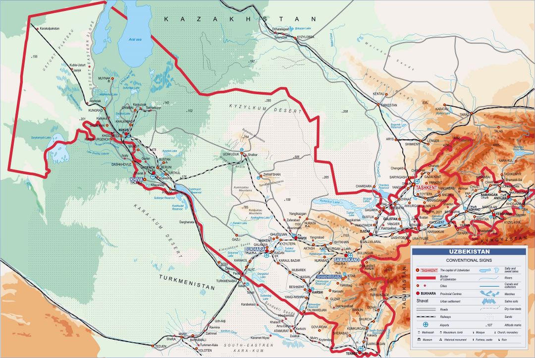 Large elevation map of Uzbekistan with all roads, railroads, cities and airports
