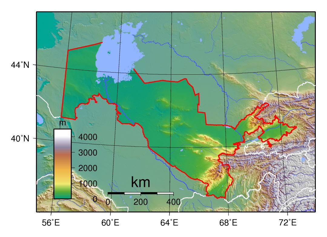 Large physical map of Uzbekistan