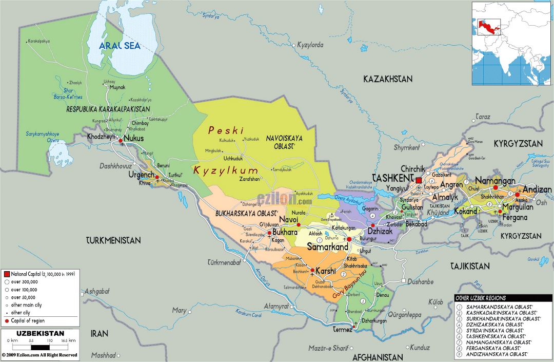 Large political and administrative map of Uzbekistan with roads, cities and airports