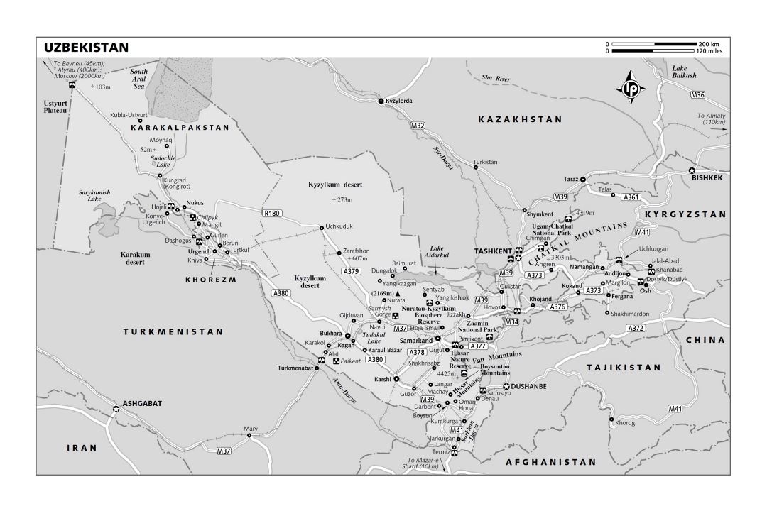Large political and administrative map of Uzbekistan with roads, railroads, cities and other marks