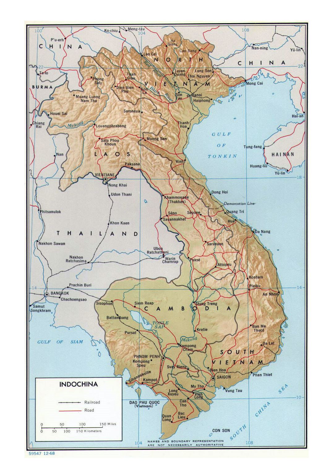 Detailed political map of Indochina with relief, roads, railroads and major cities - 1968