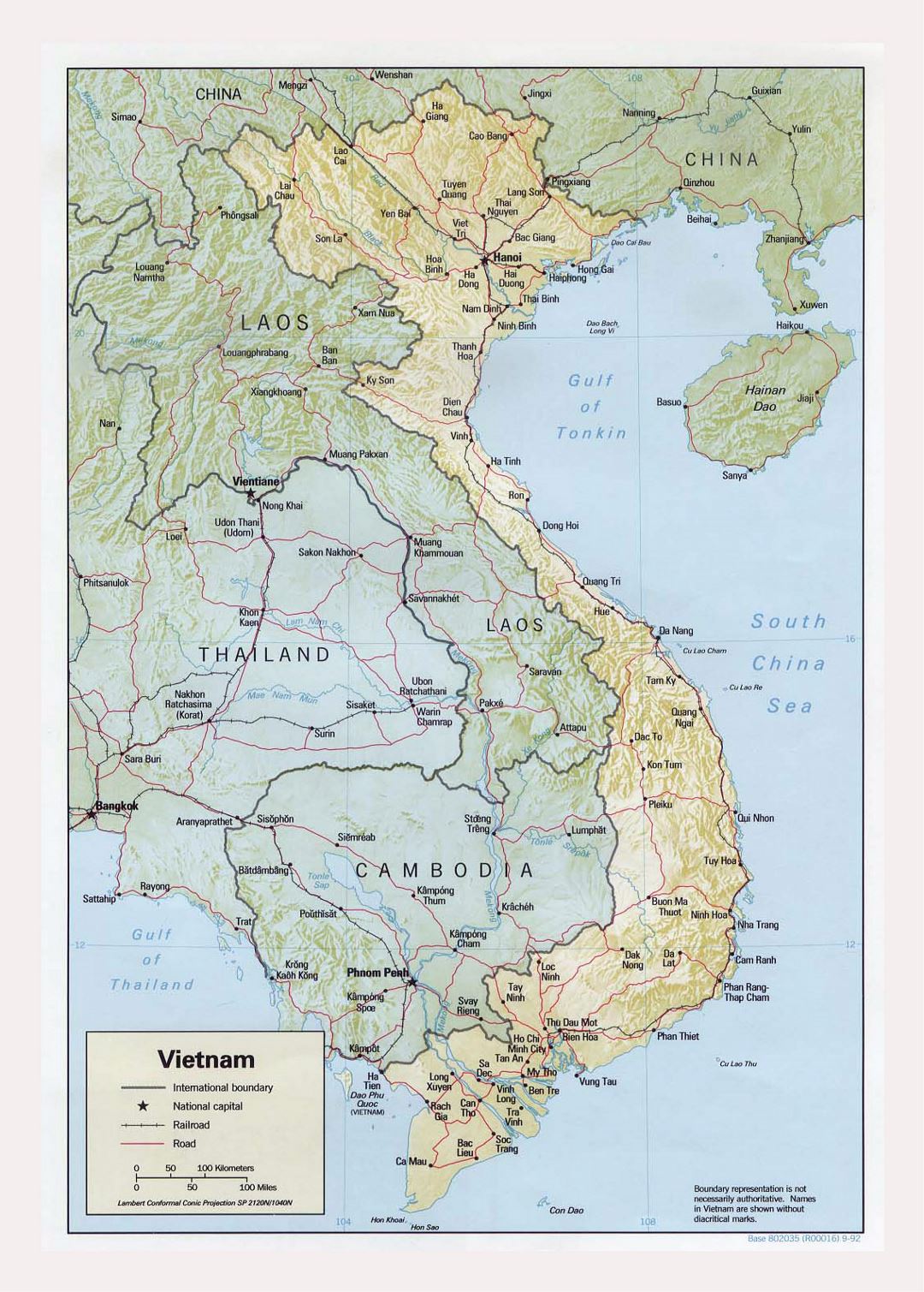 Detailed political map of Vietnam with relief, roads, railroads and major cities - 1992