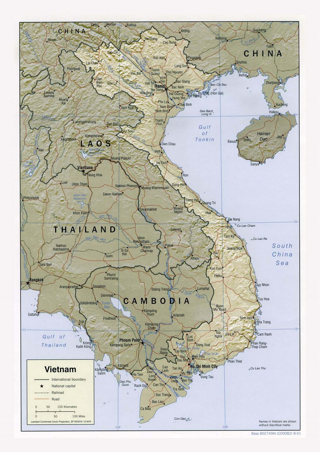 Detailed political map of Vietnam with relief, roads, railroads and major cities - 2001