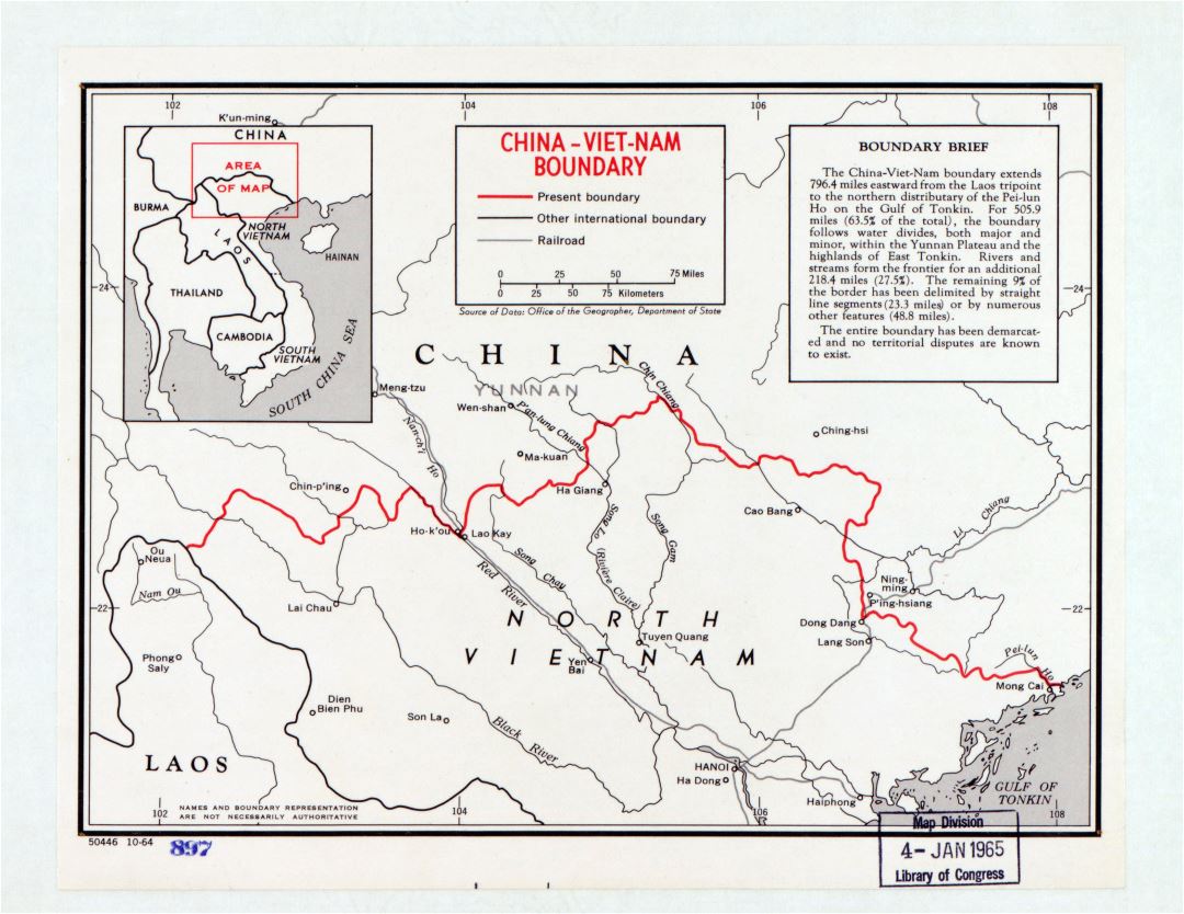 Large detailed China - North Vietnam border area map - 1964