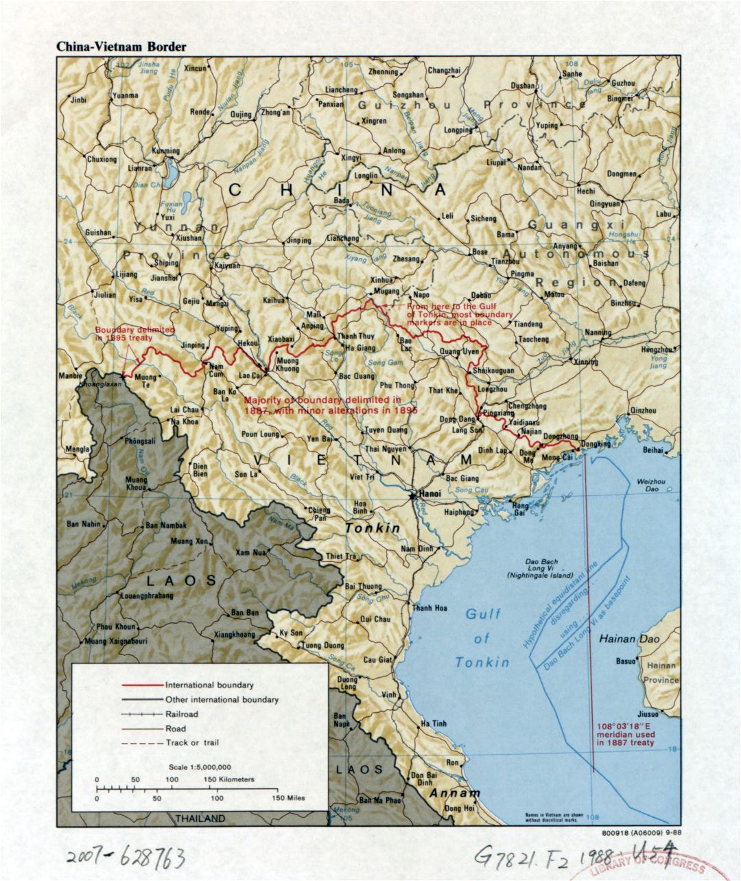 Large detailed China - Vietnam border map with relief, roads, railroads and major cities - 1988