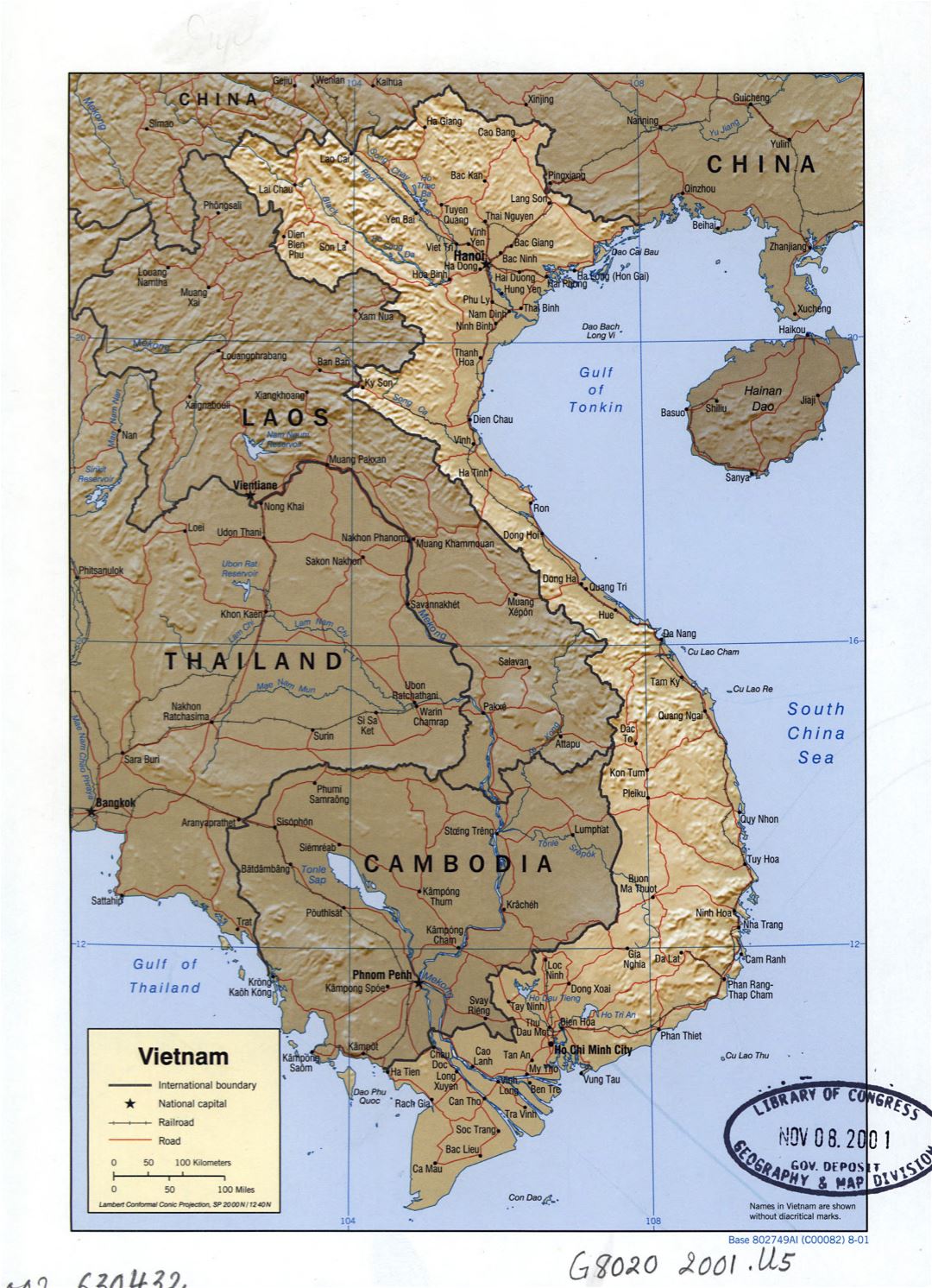 Large detailed political map of Vietnam with relief, roads, railroads and major cities - 2001
