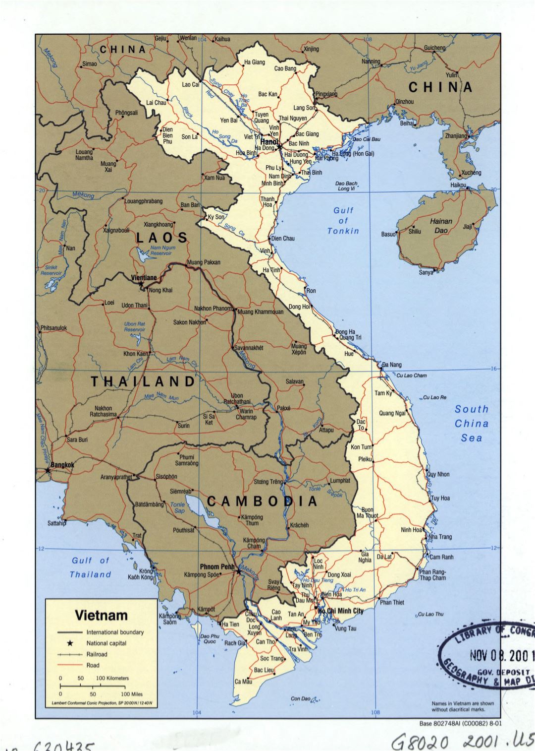 Large detailed political map of Vietnam with roads, railroads and major cities - 2001