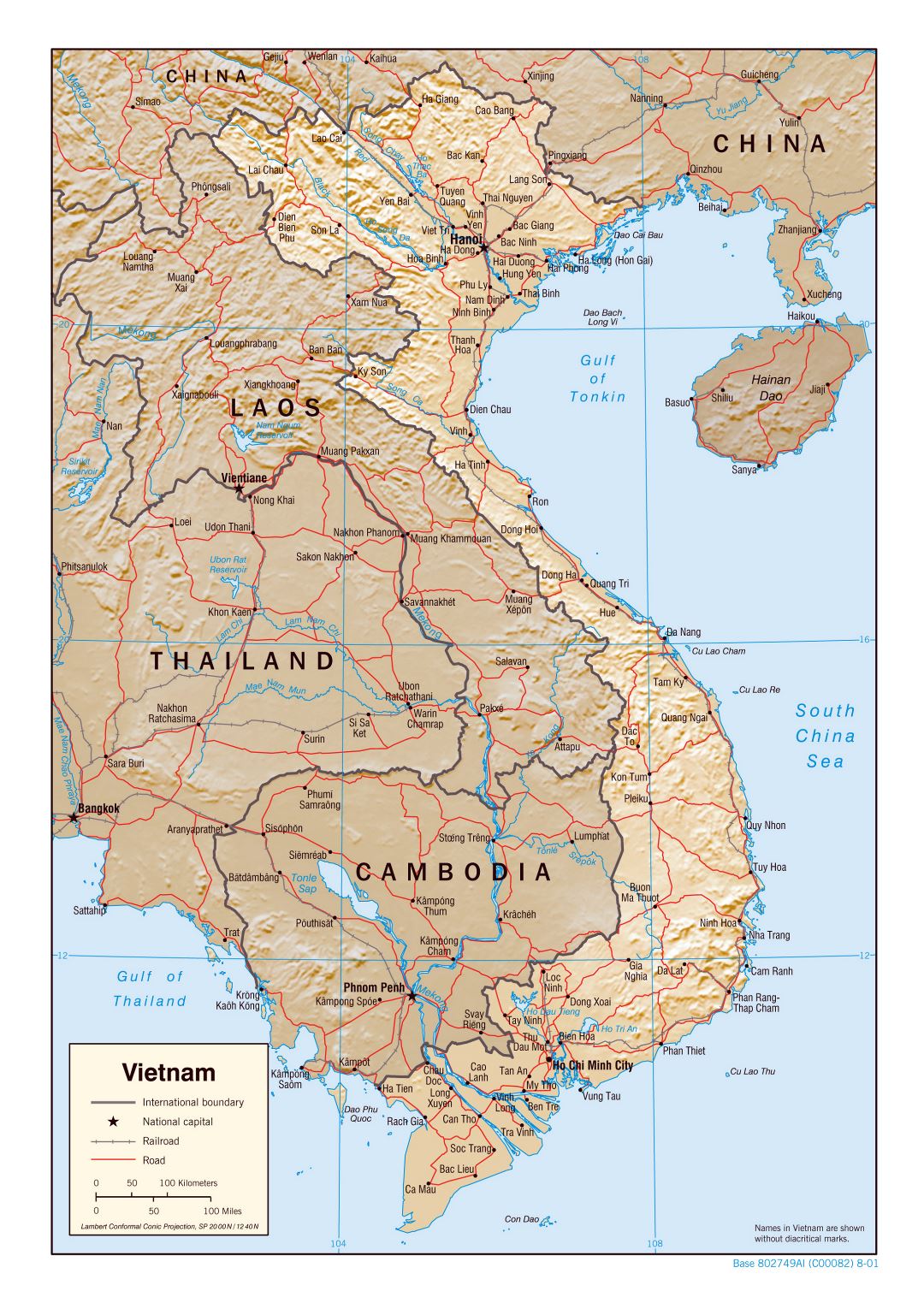 Large political map of Vietnam with relief, roads, railroads and major cities - 2001