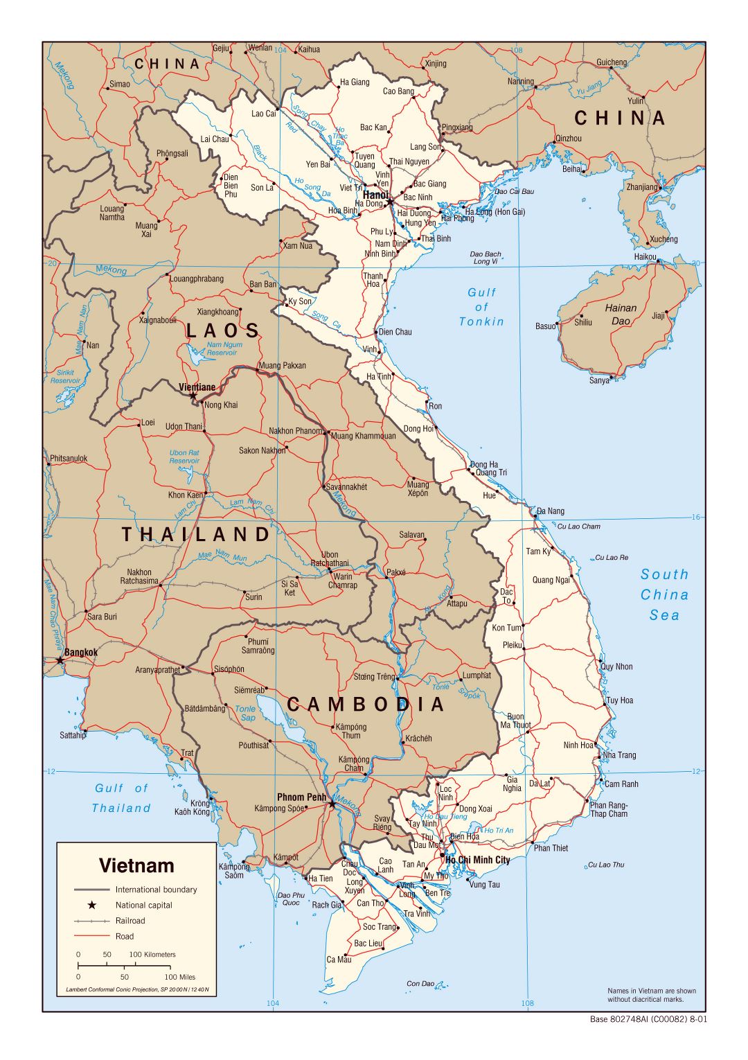 Large political map of Vietnam with roads, railroads and major cities - 2001