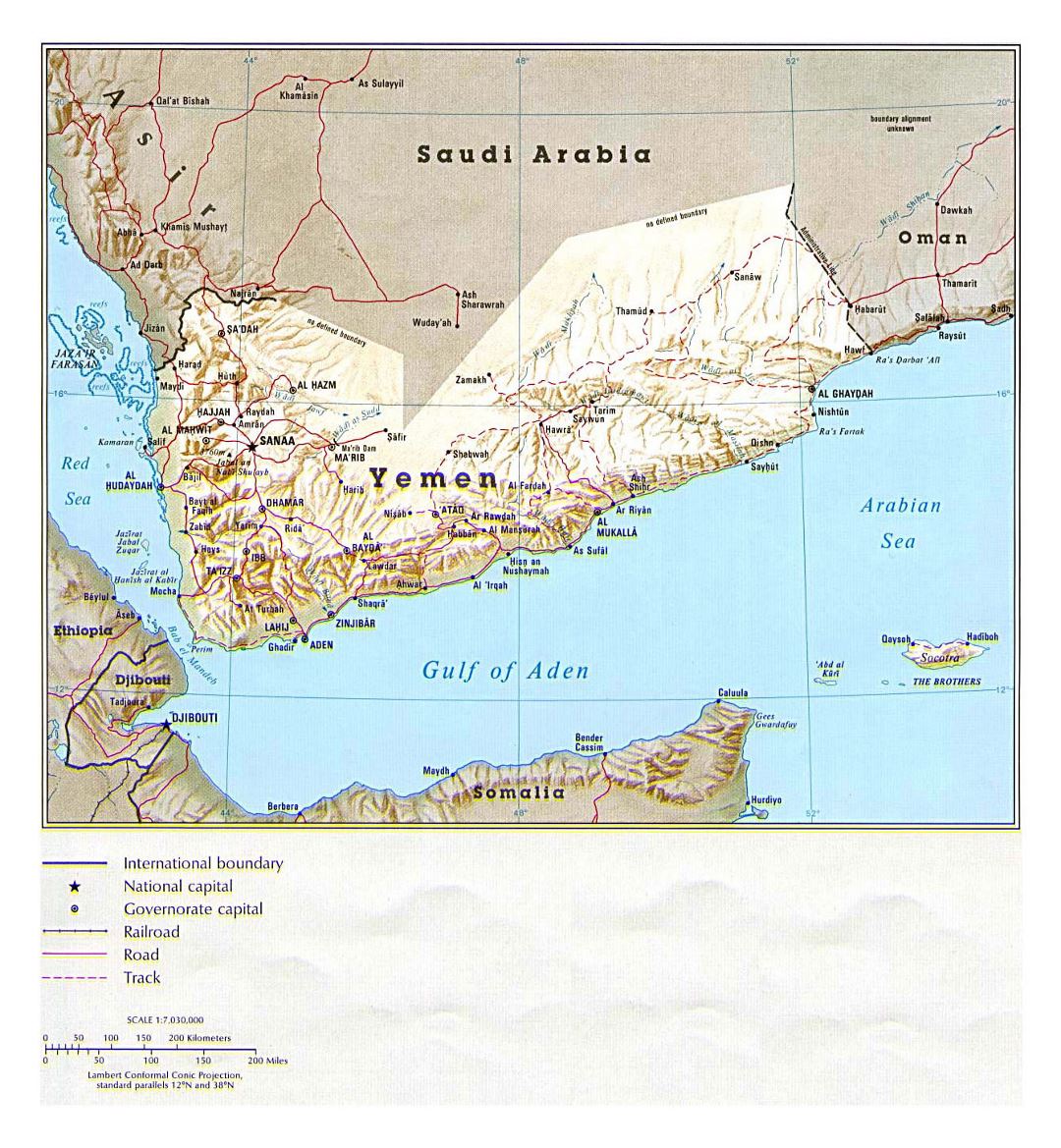 Detailed political map of Yemen with relief, roads, railroads and major cities - 1993
