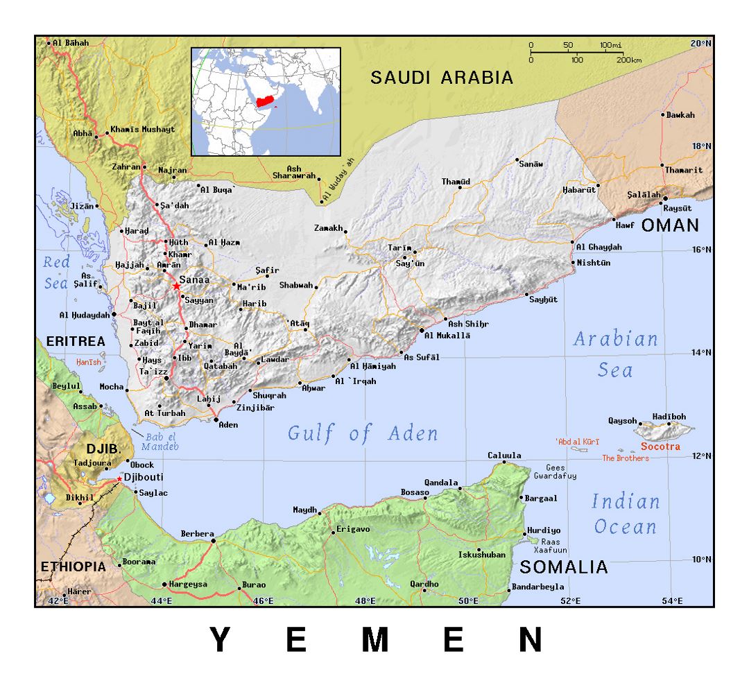Detailed political map of Yemen with relief