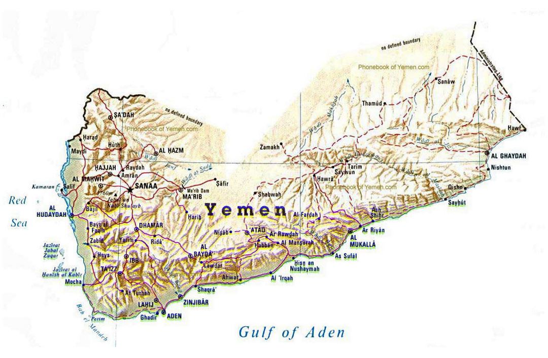 Detailed relief map of Yyemen