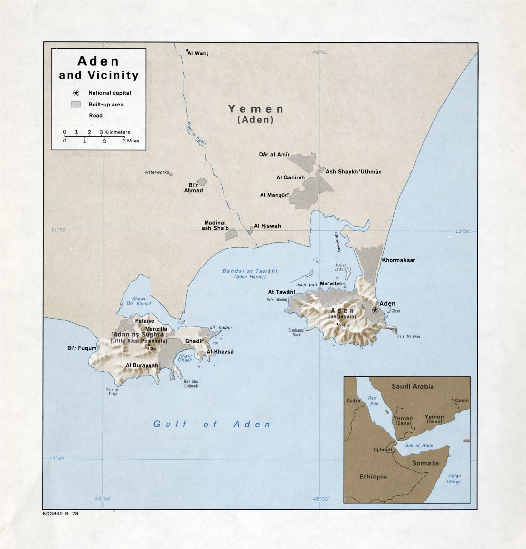 Large detailed map of Aden and vicinity with relief - 1978