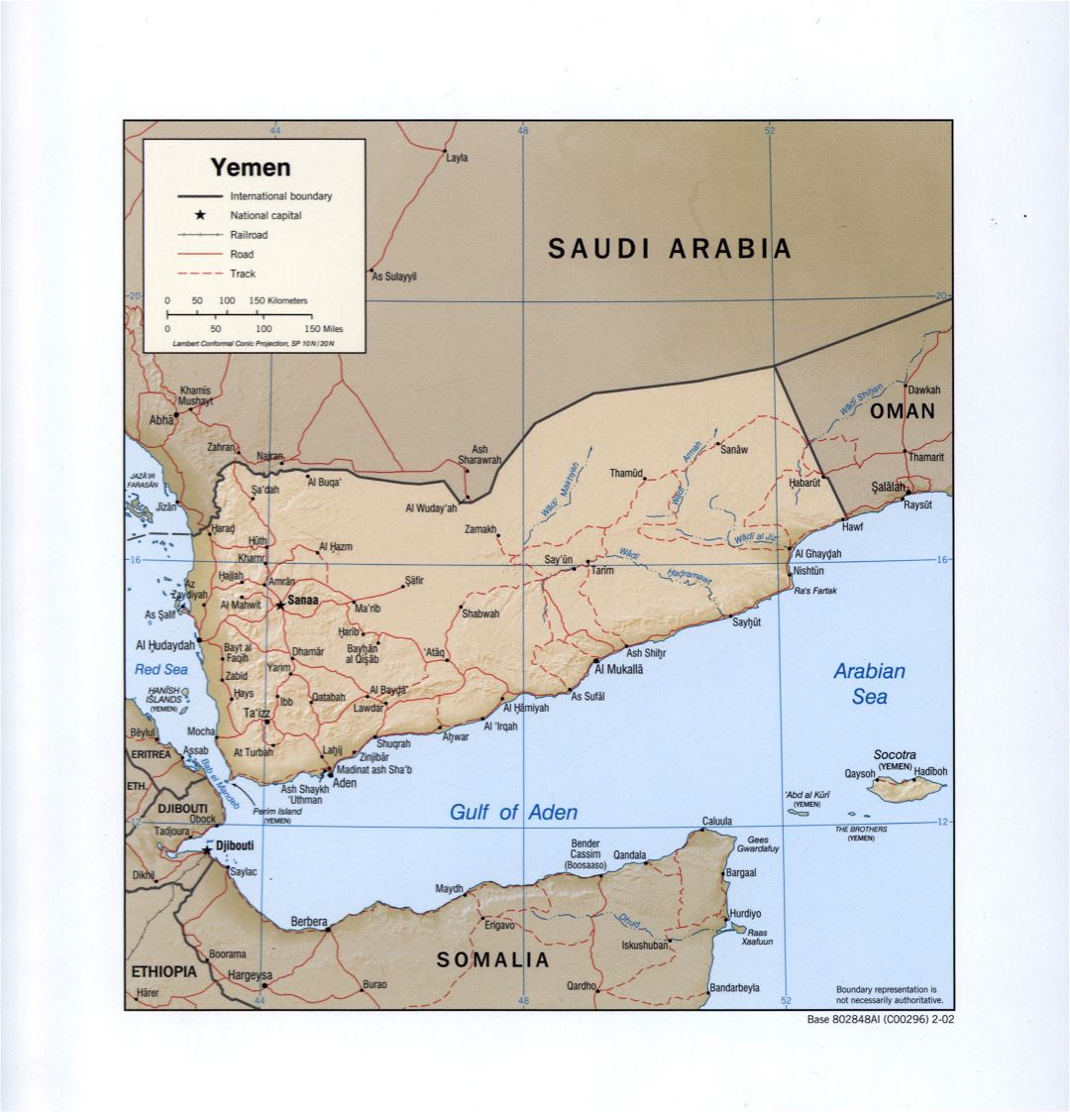 Large detailed political map of Yemen with relief, roads, railroads and major cities - 2002