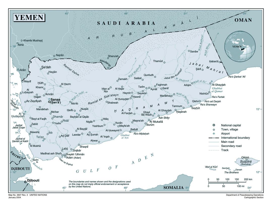 Large detailed political map of Yemen with roads, cities and airports