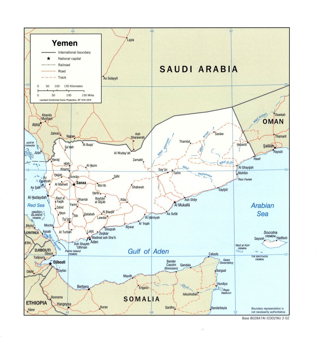 Large detailed political map of Yemen with roads, railroads and major cities - 2002