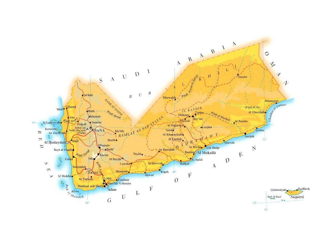 Large elevation map of Yemen with roads, cities and airports