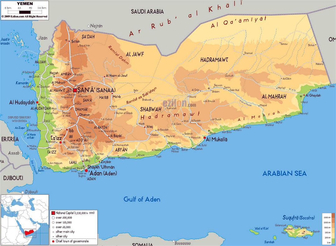 Large physical map of Yemen with roads, cities and airports