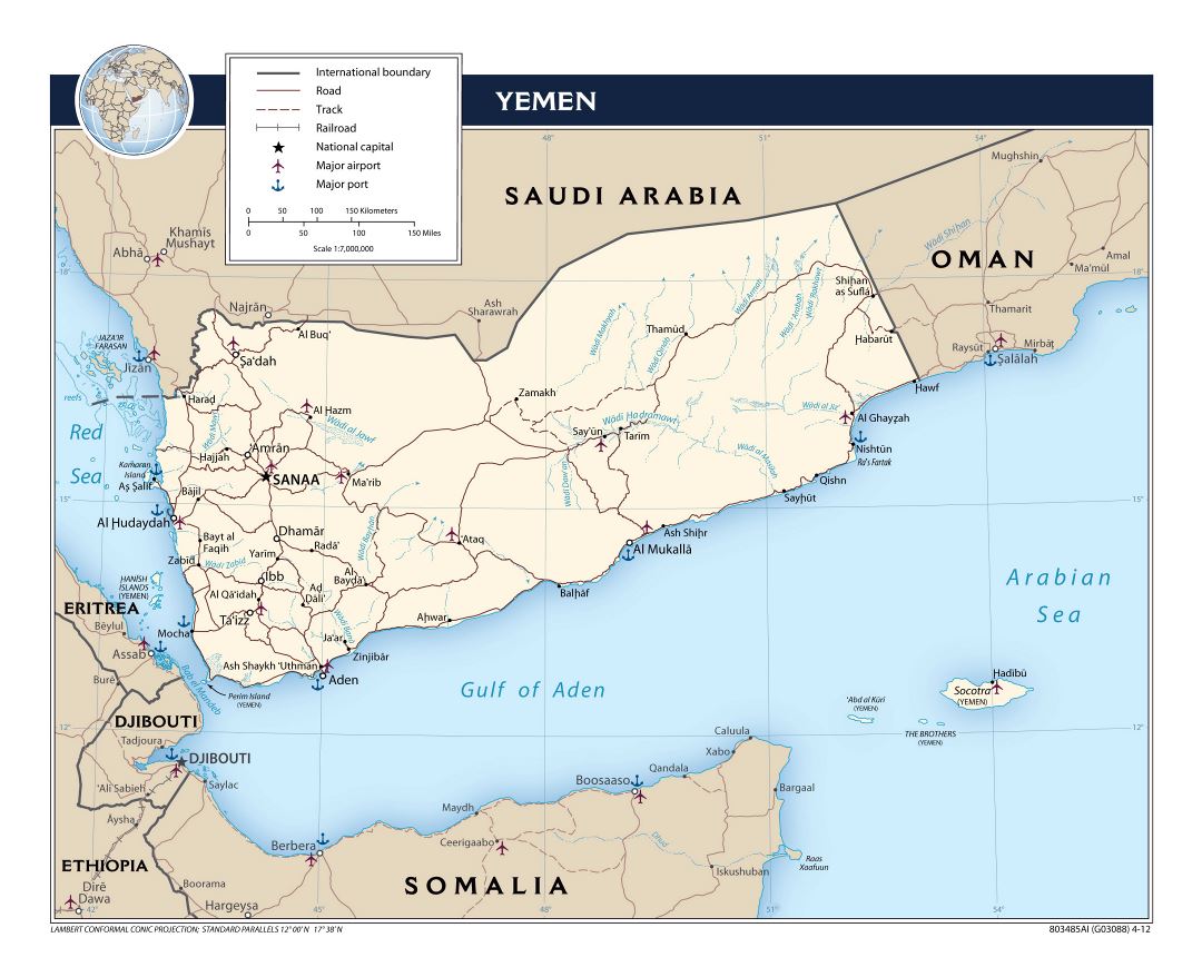 Large political map of Yemen with roads, railroads, major cities, ports and airports - 2012