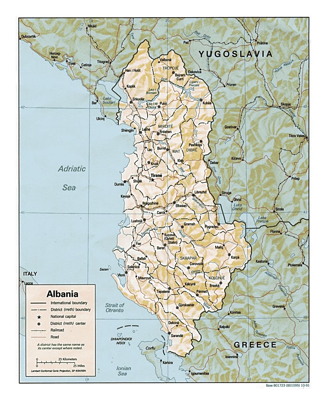 Detailed political and administrative map of Albania with relief, roads and cities - 1991