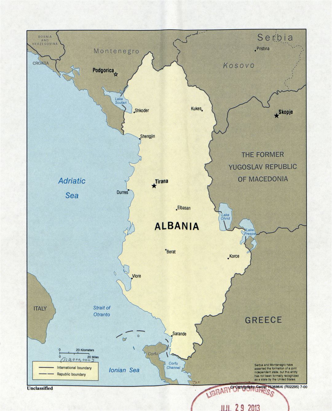 Large detail political map of Albania with marks of capital and major cities - 2000