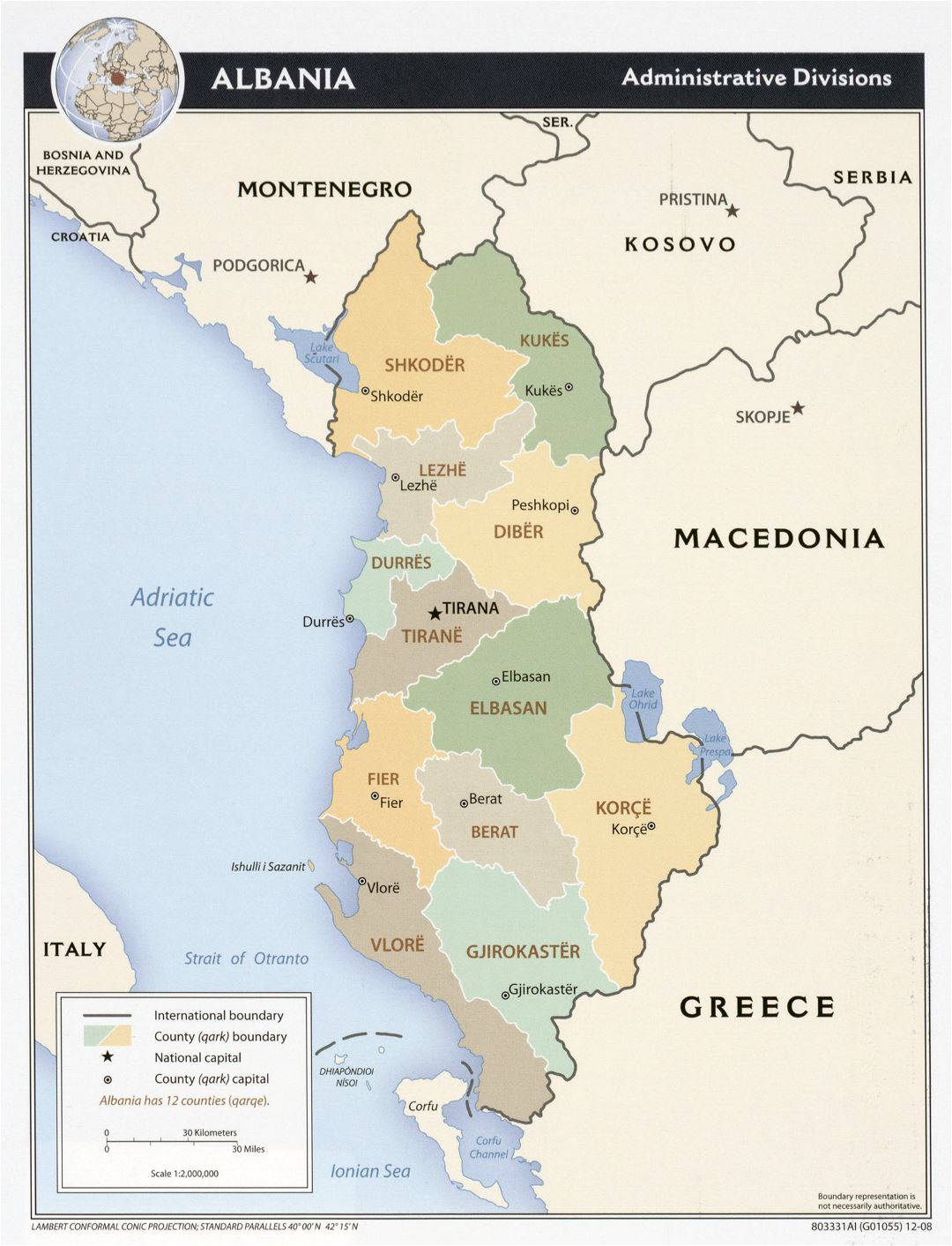 Large detailed administrative divisions map of Albania - 2008