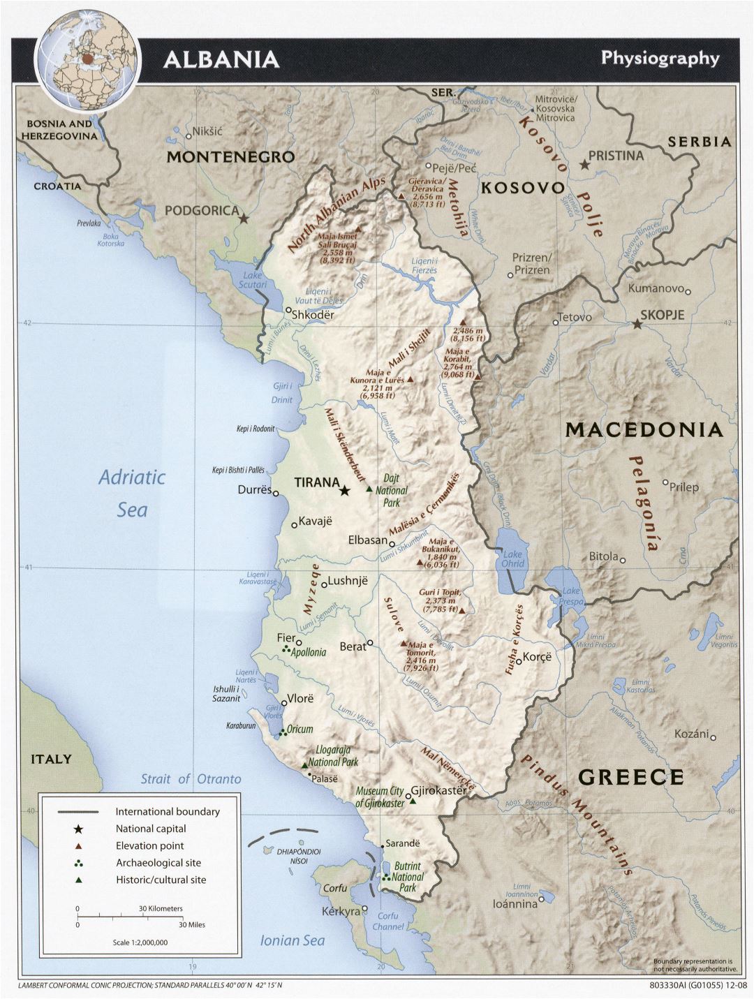 Large detailed physiography map of Albania - 2008