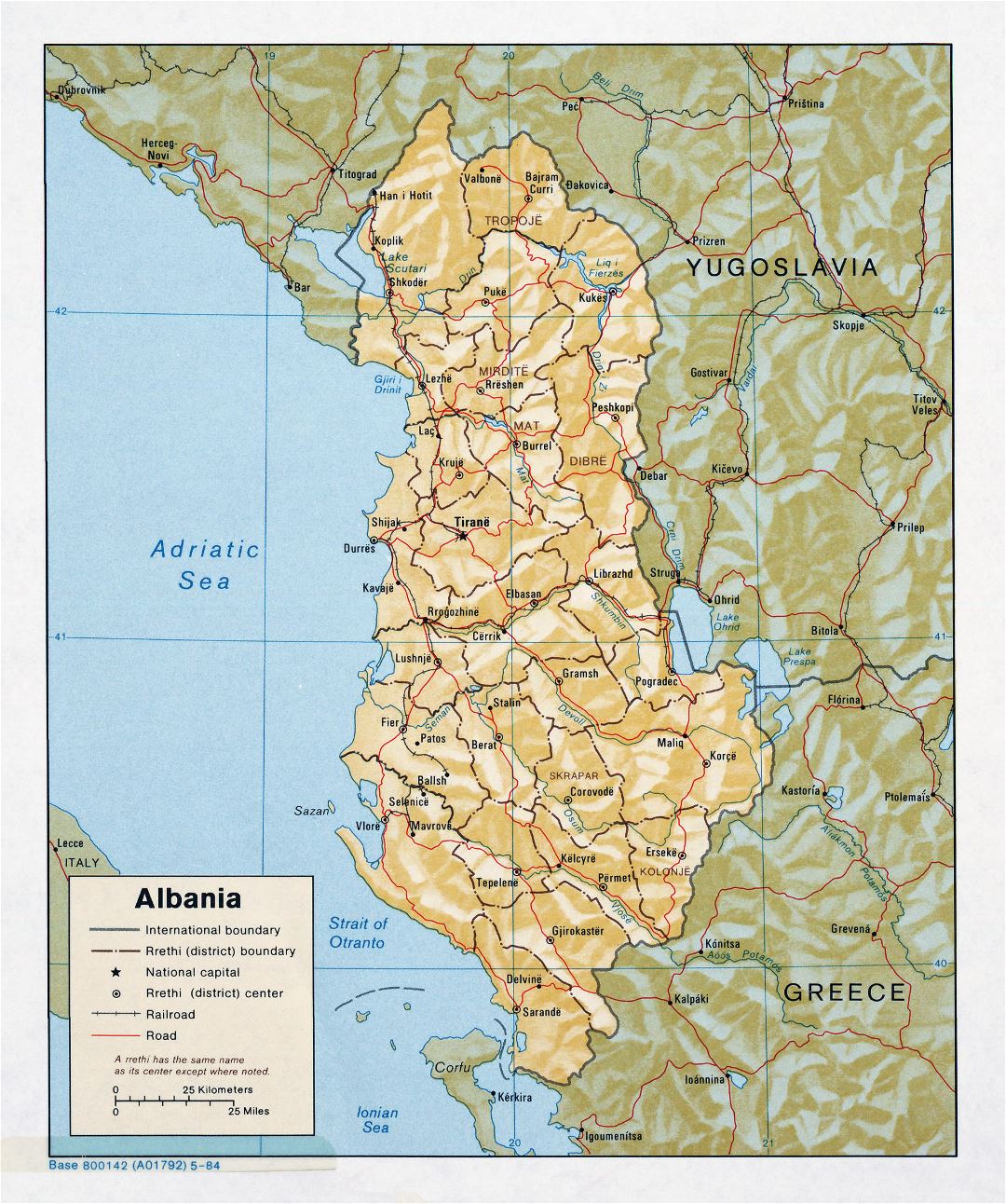 Large detailed political and administrative map of Albania with relief, roads and major cities - 1984