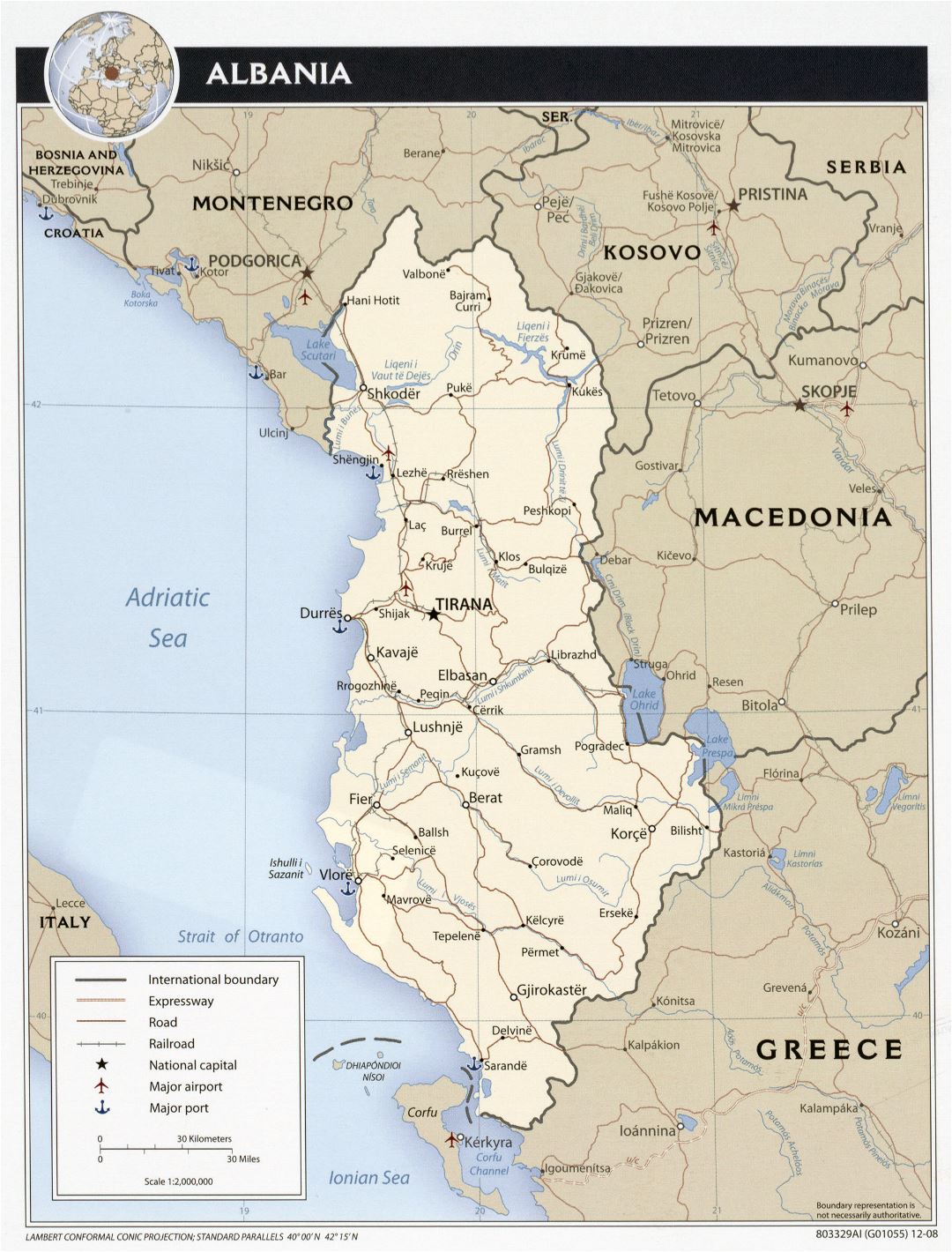 Large detailed political map of Albania with roads, cities and airports - 2008