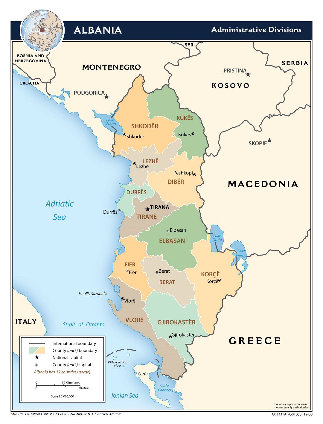 Large scale administrative divisions map of Albania - 2008