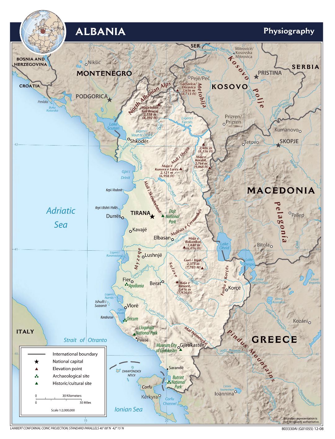 Large scale physiography map of Albania - 2008