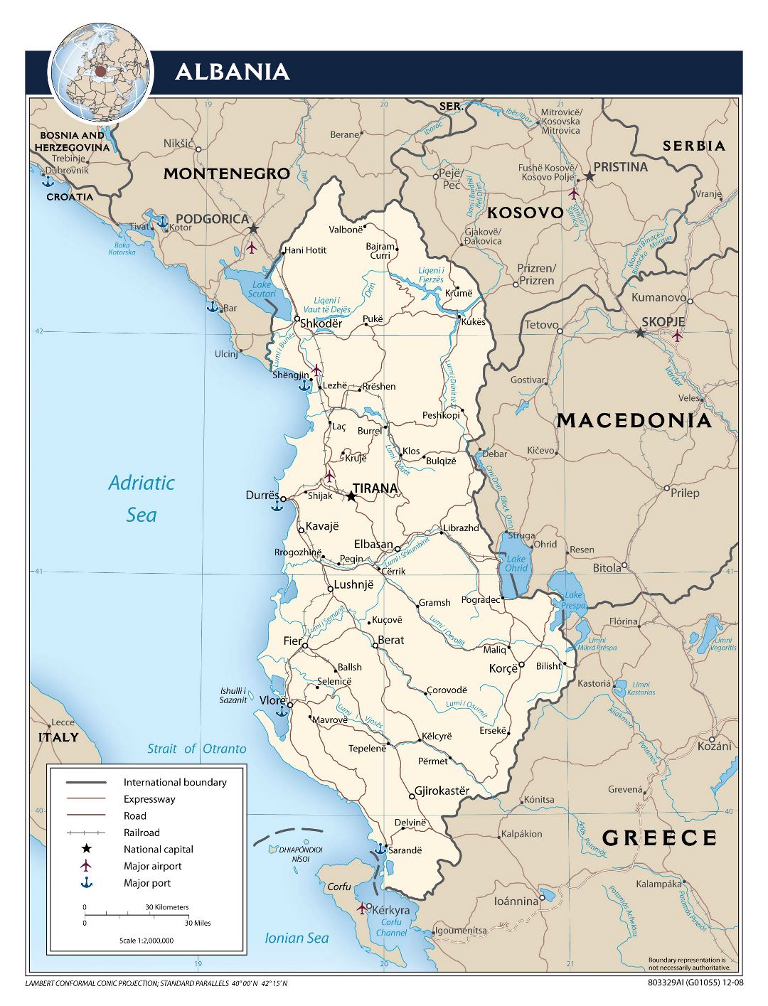 Large scale political map of Albania with roads, cities and airports - 2008