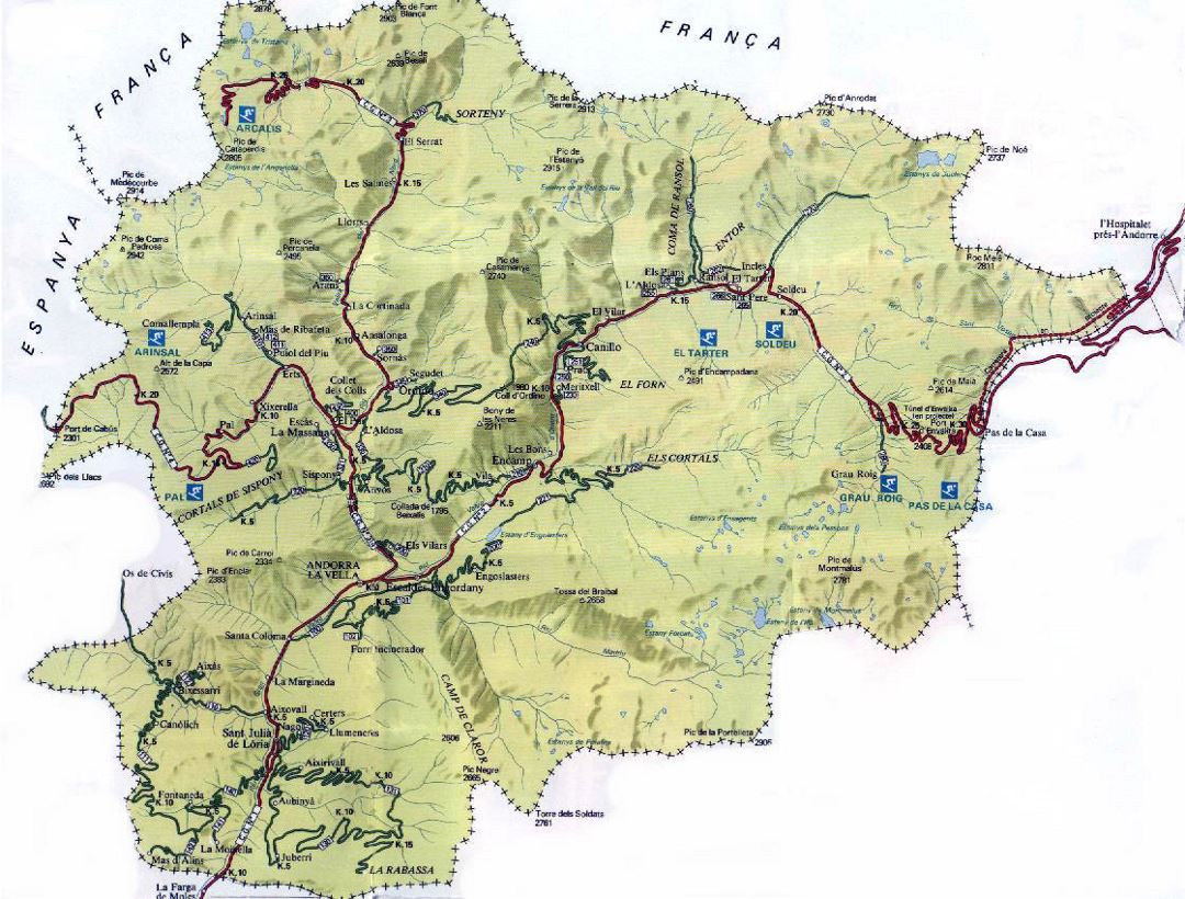 Detailed road map of Andorra with relief