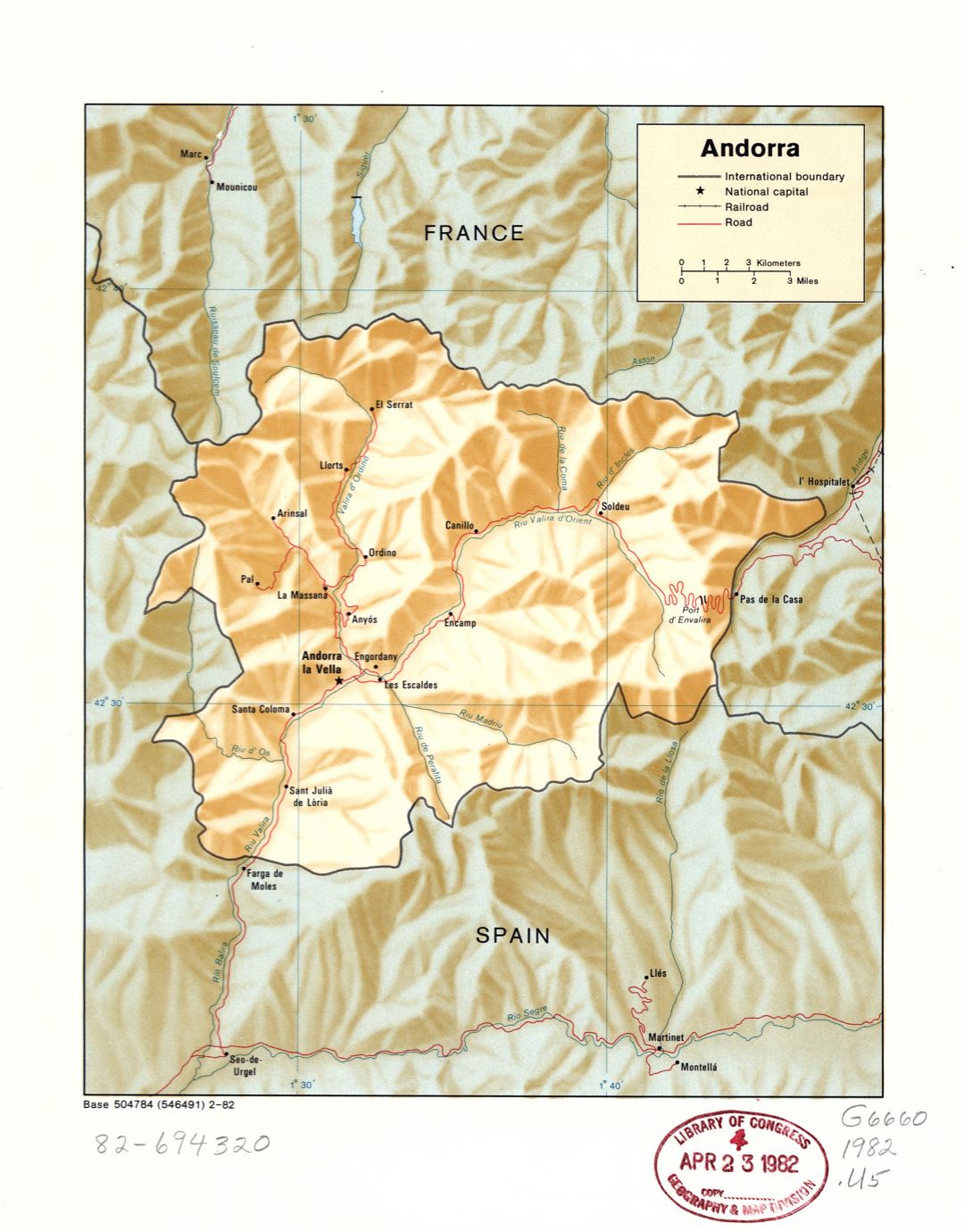 Large detail political map of Andorra with relief, marks of major cities, roads and railroads - 1982