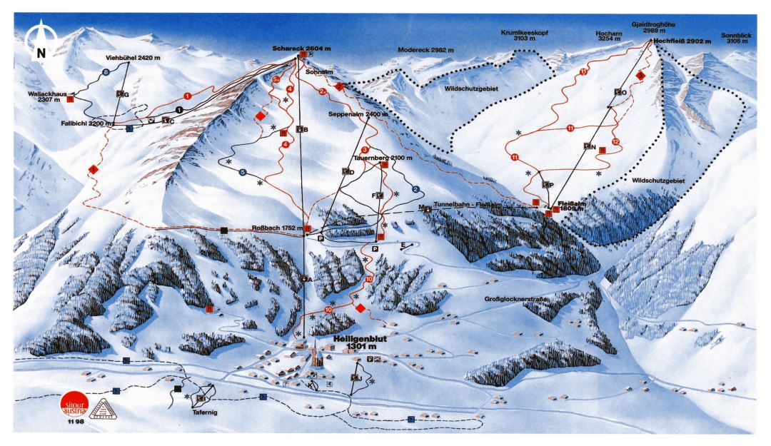 Large detailed piste map of Heiligenblut Ski Resort - 1998