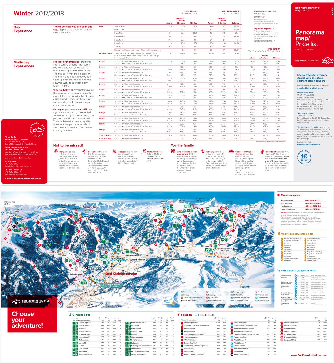Large scale piste map of Bad Kleinkirchheim Ski Resort and price list - winter (2017-2018)