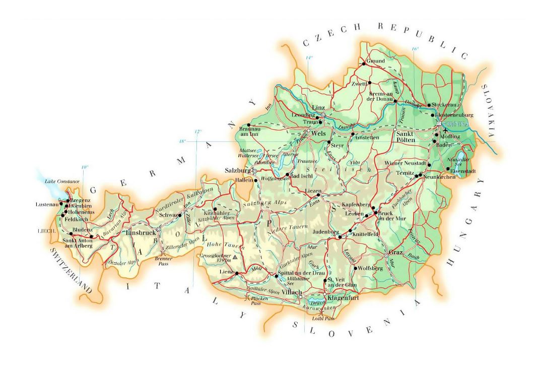 Detailed elevation map of Austria with roads, cities and airports