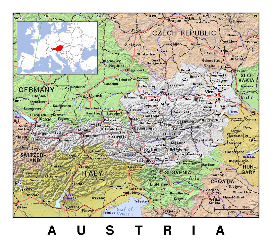 Detailed political map of Austria with relief