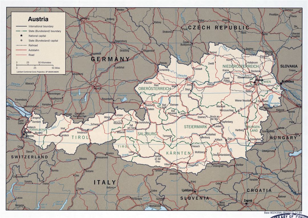 Large detailed political and administrative map of Austria with roads, railroads and major cities - 1999