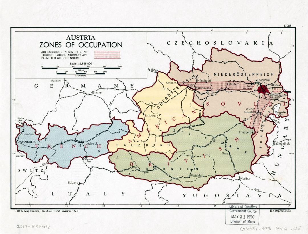 Large detailed zones of occupation map of Austria - 1950