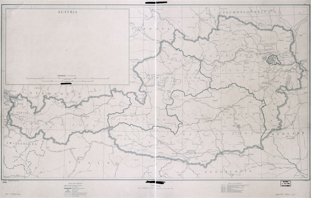 Large detailed zones of occupation map of Austria with roads, railroads and cities - 1945