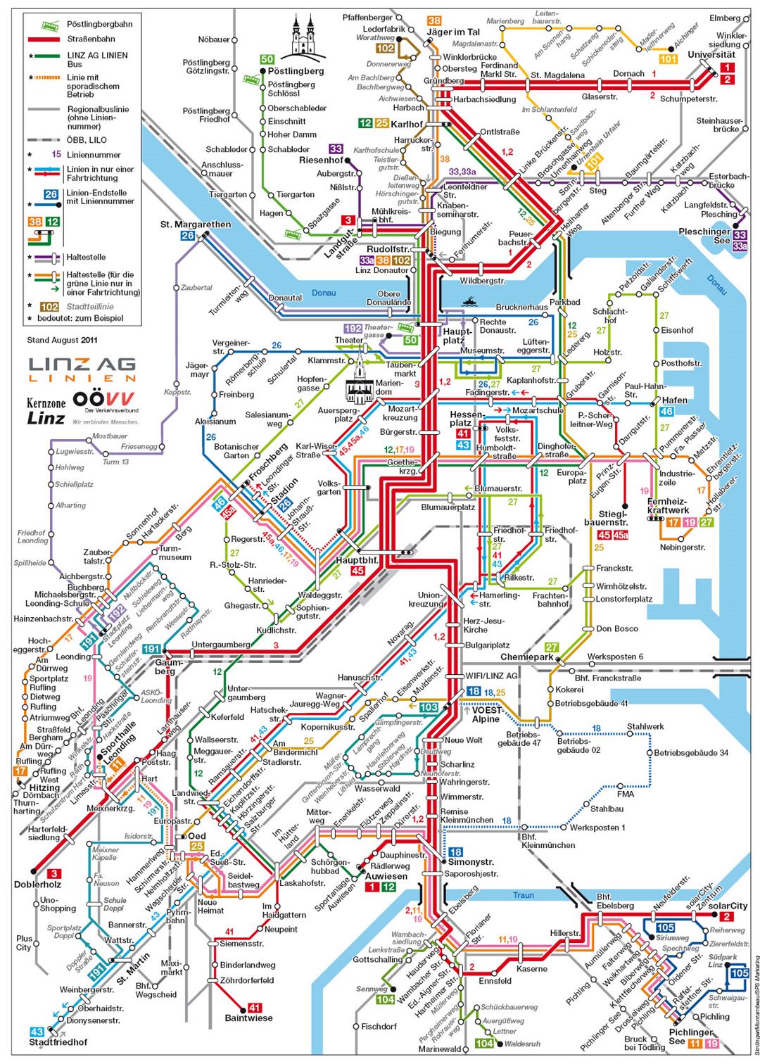 Detailed public transportation map of Linz city