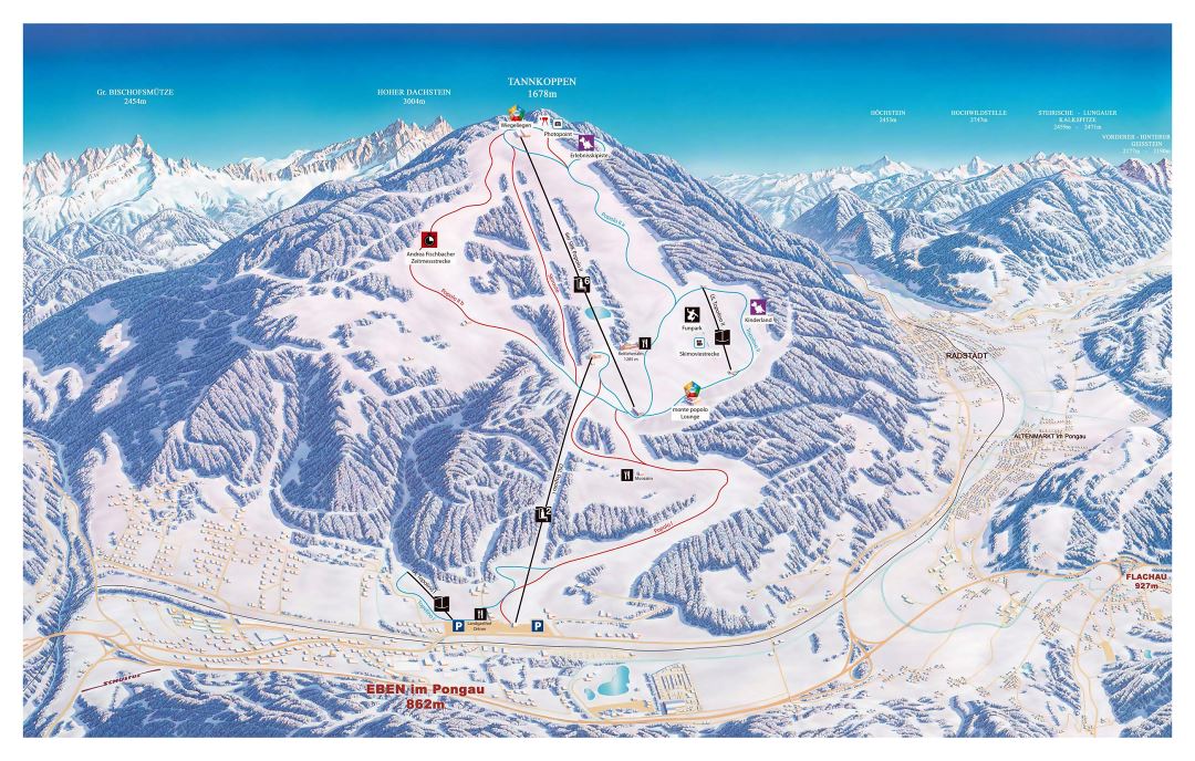 Large detailed piste map of Eben, Salzburg Sportwelt Ski Resort
