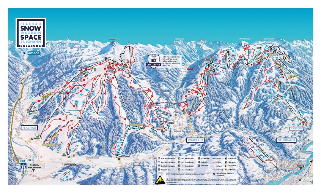 Large detailed piste map of Flachau, Wagrain, St. Johann, Alpendorf - Salzburg Sportwelt Ski Resort