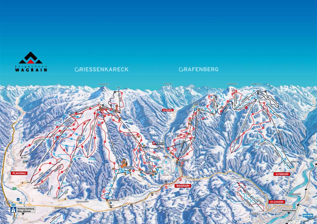 Large detailed piste map of Flachau, Wagrain, St. Johann, Alpendorf Ski Resorts - 2013