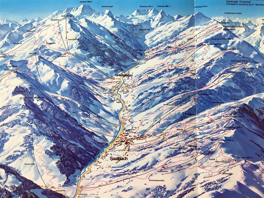 Large detailed piste map of Hinterglemm - Saalbach - 1985