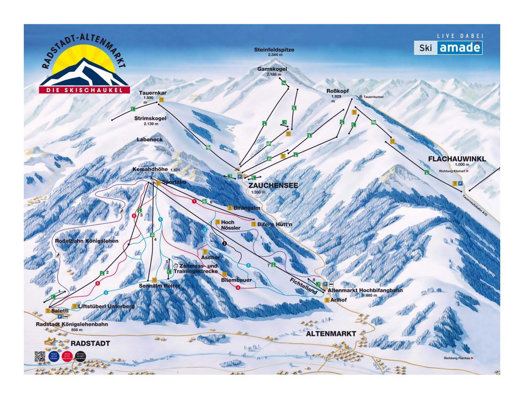 Large detailed piste map of Radstadt, Zauchensee, Altenmarkt, Flachauwinkl - Salzburg Sportwelt Ski Resort