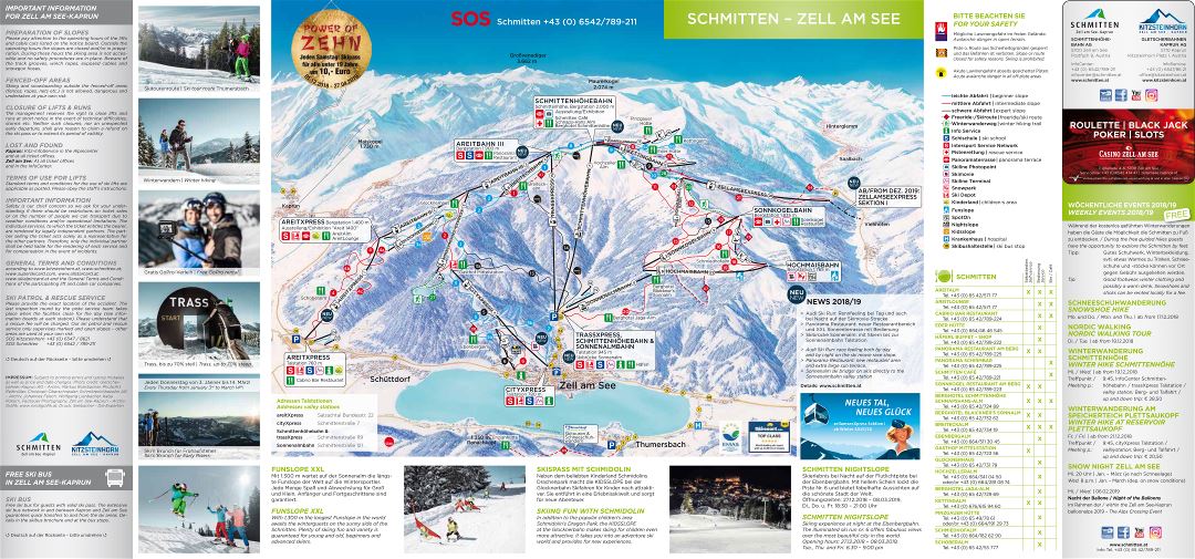Large detailed piste map of Zell am See, Schmitten Ski Resort - 2018-2019