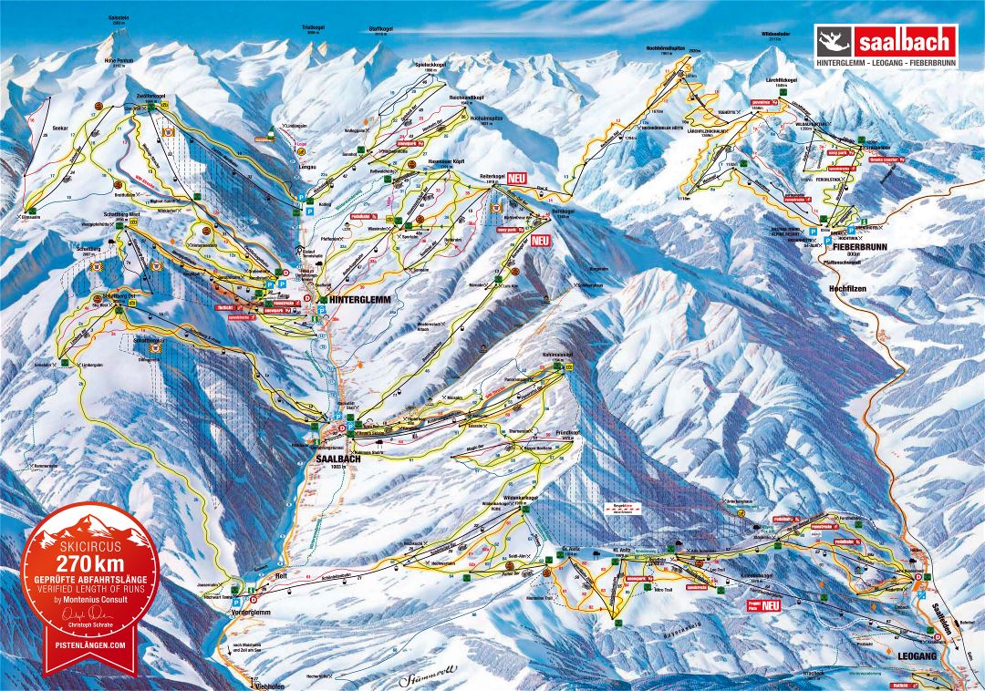 Large scale piste map of Hinterglemm, Leogang, Fieberbrunn, Saalbach - Ski Circus Ski Resort - 2015