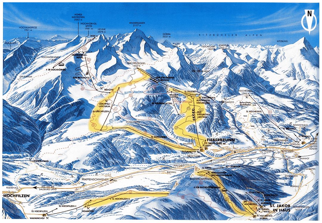 Detailed piste map of Fieberbrunn Ski Resort - 1998